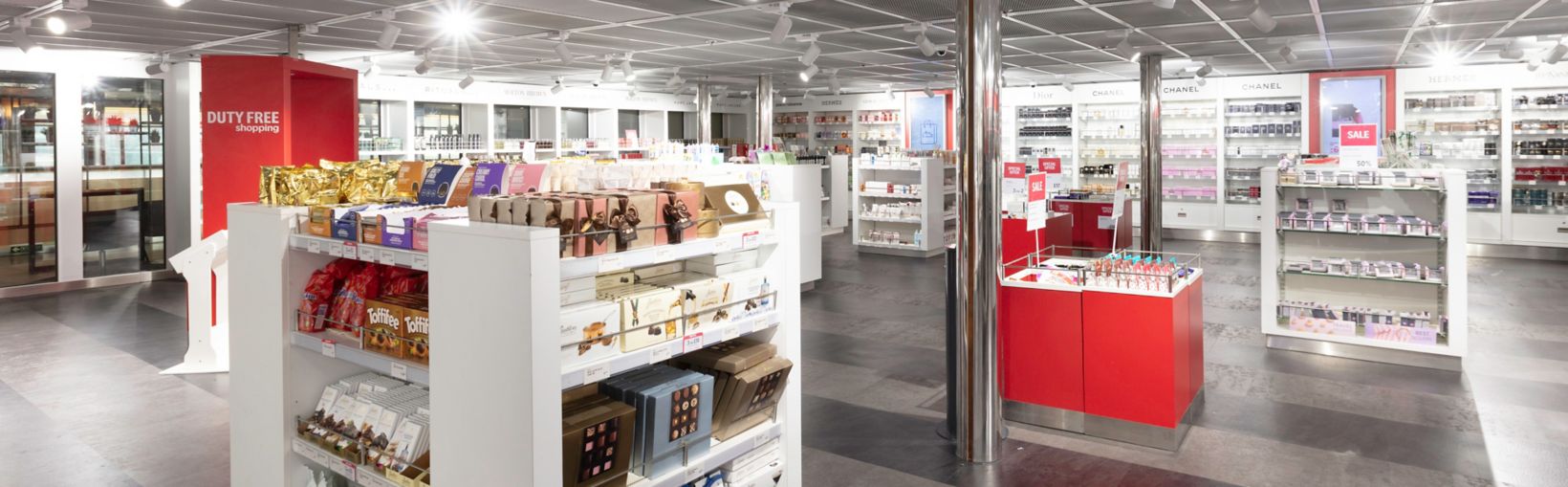 Onboard Duty-Free Shop showing a wide range of products for sale at discounted prices.