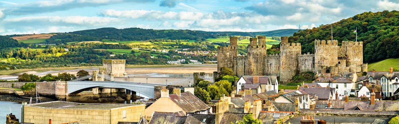 Panorama of Conwy with Conwy Castle. UNESCO world heritage in Wales, United Kingdom