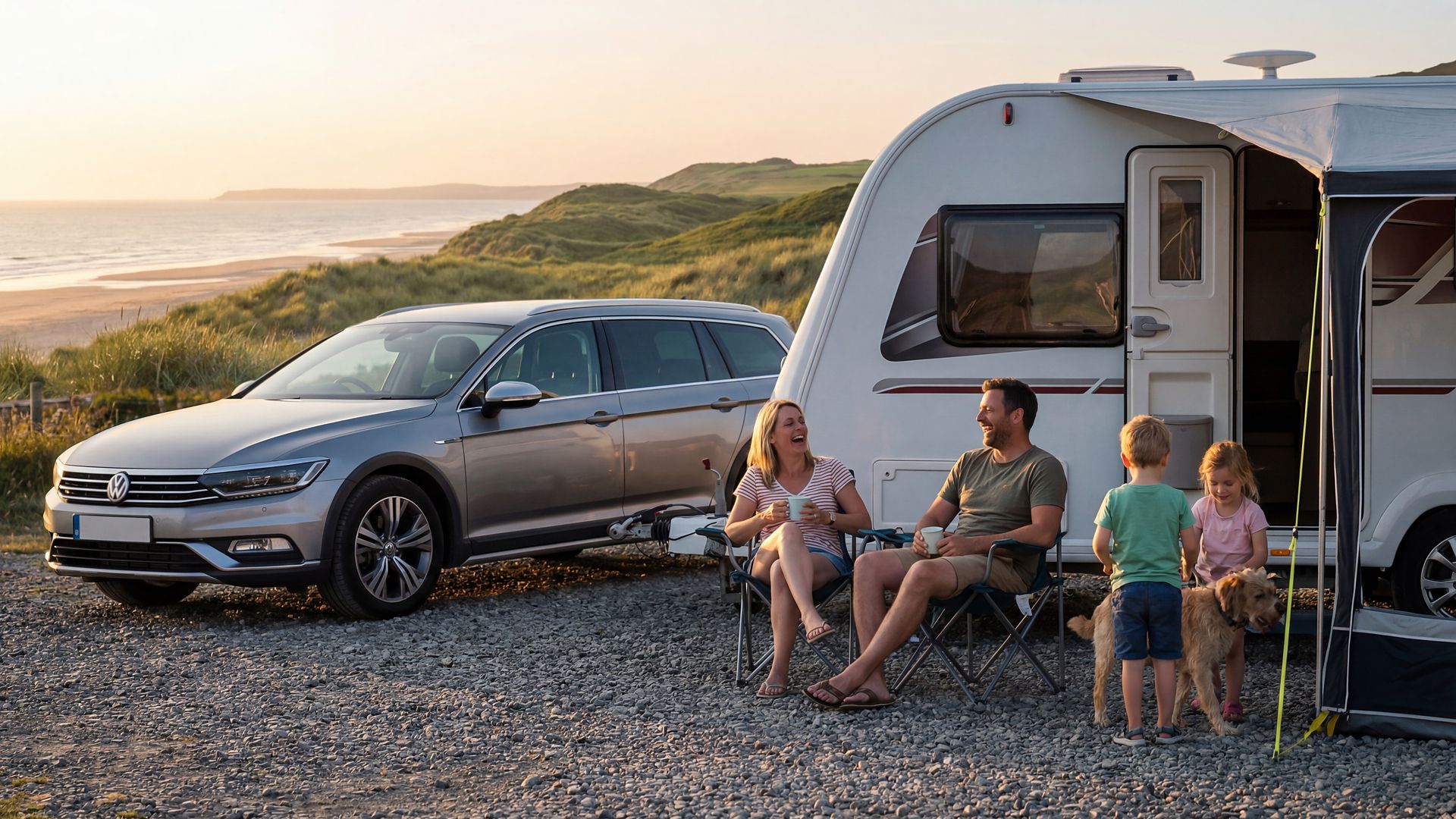 A family of five, including two adults and three young children, relaxes outside a caravan parked near a scenic beach. A silver station wagon is parked beside the caravan, and the group sits on camping chairs, enjoying the warm sunset. The setting is casual and joyful, with a dog present and the ocean visible in the background. The mood is relaxed, with soft golden light and natural tones.