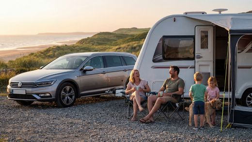 Family Enjoys Sunset by Caravan and Car at Beach