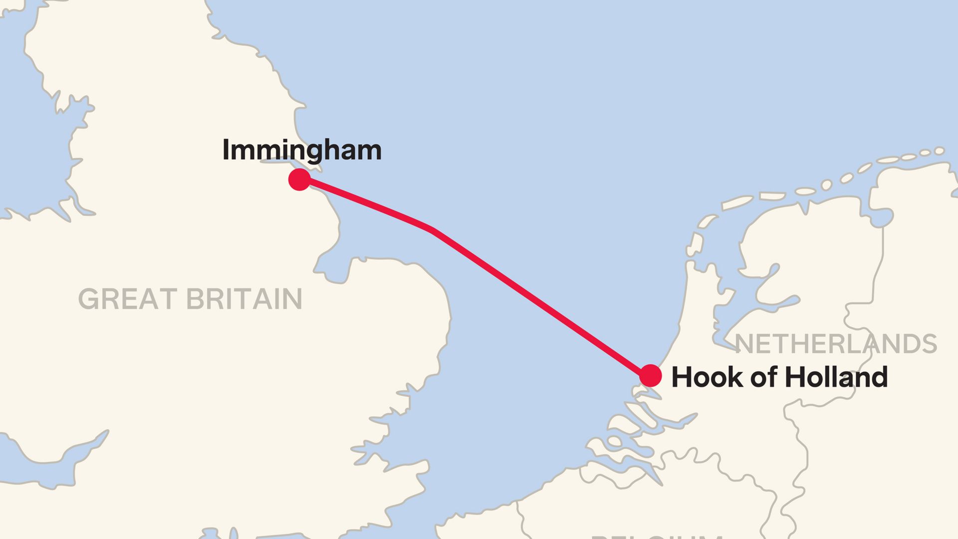 Map showing the route between Hook of Holland and Immingham