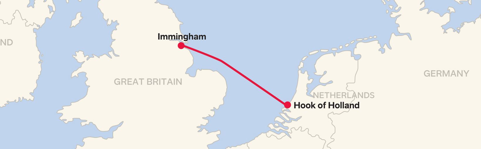 Map showing the route between Hook of Holland and Immingham