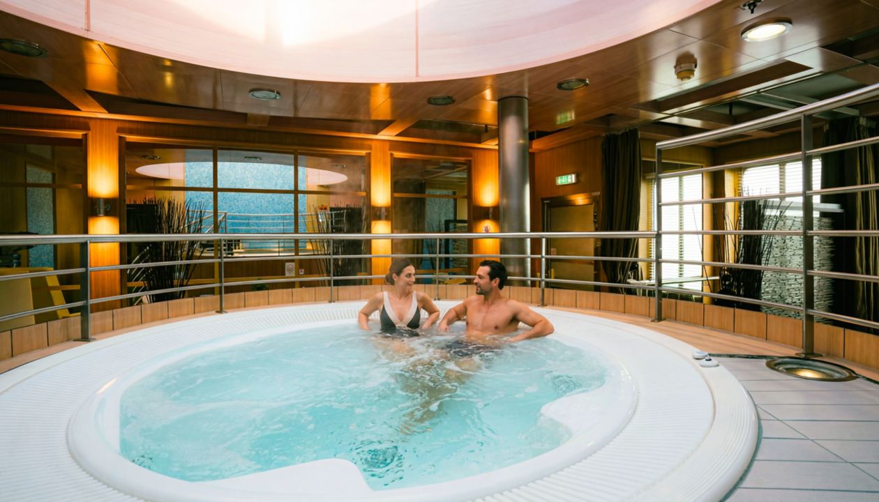 A man and woman sit together in a large circular hot tub filled with bubbling water. The spa area is indoors, featuring warm wooden paneling and soft ambient lighting. Large windows reveal an outside view, adding to the tranquil atmosphere. Stainless steel railings and clean tiled flooring emphasize a modern, upscale wellness setting.