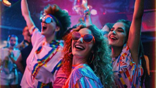 A group of young adults dance and celebrate together in a vibrant nightclub setting. The central figure wears round sunglasses and sparkly clothing, smiling toward the camera. Colorful striped outfits, bright stage lights, and neon hues create an energetic atmosphere. The scene suggests nightlife, music, and joyful social connection. Images may be AI-generated.