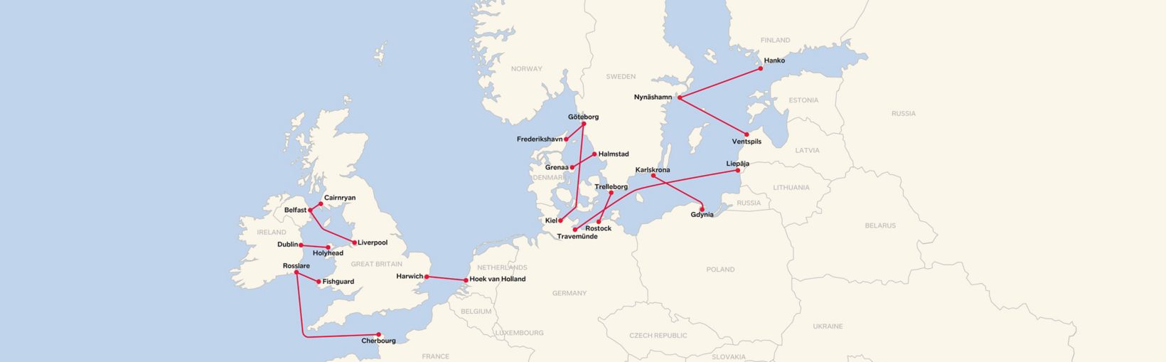 Route network map for all Stena Line travel routes.
