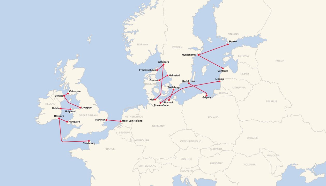 Rute netværkskort for alle Stena Line-rejseruter.