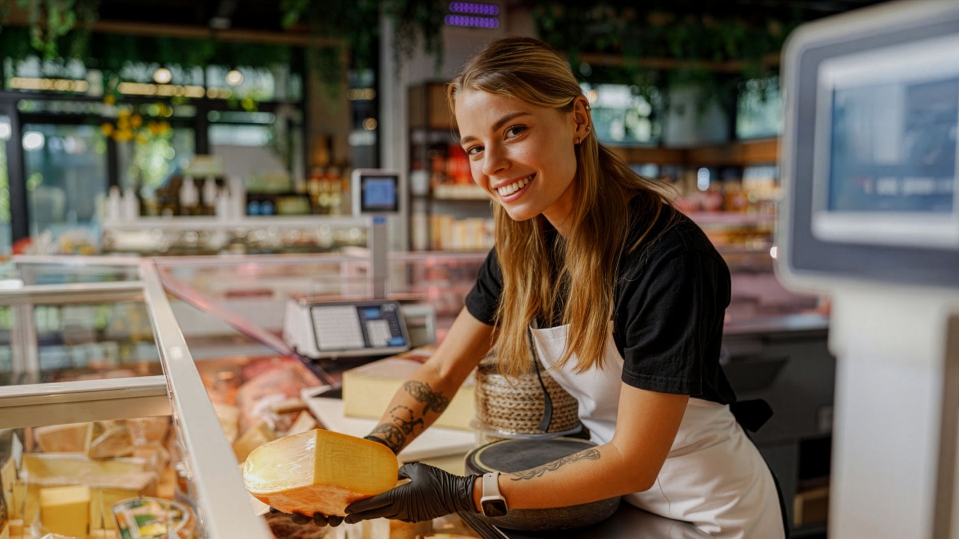 Leende delikatessanställd håller en ostbit bakom en välfylld disk