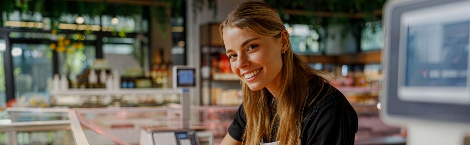 Leende delikatessanställd håller en ostbit bakom en välfylld disk