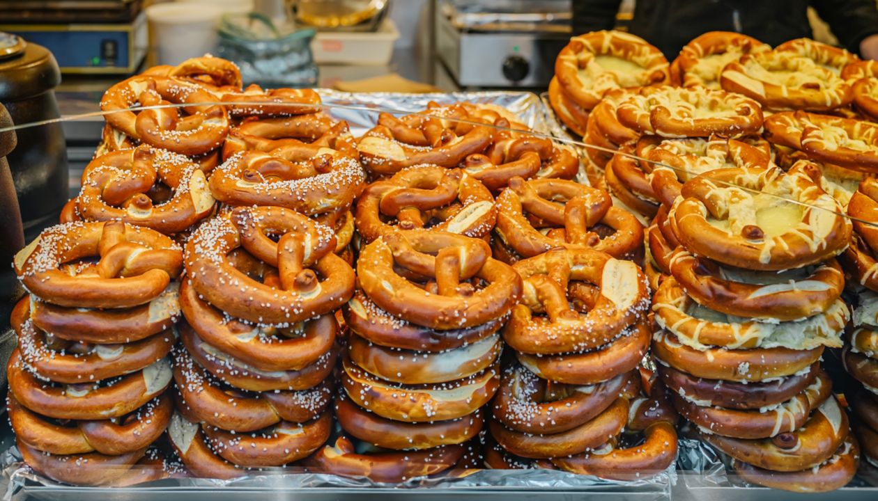 Freshly baked pretzels on display at a market stall. Concept of traditional bakery and street food