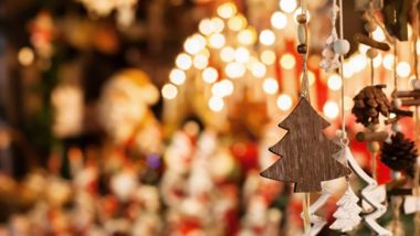 christmas decoration tree in the shop, winter street market in Europe