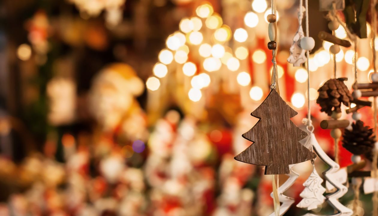christmas decoration tree in the shop, winter street market in Europe