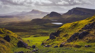 Landscape view of Quiraing mountains on Isle of Skye, Scottish highlands, United Kingdom