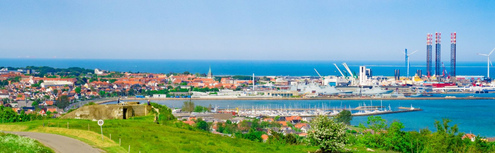 A view of Frederikshavn from outside the city looking across green fields to the orange coloured roofs of buildings in the centre, to the tall masts of boats in the harbour and to the cranes and tall structures in the port area.