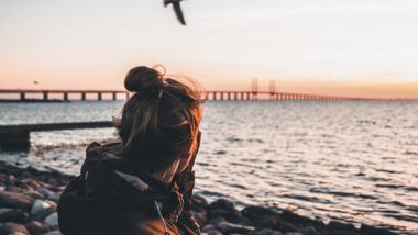 Girl watching a seagull in front of the bridge over the great belt