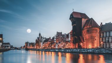 Harbor at Motlawa river with old town of Gdansk in Poland