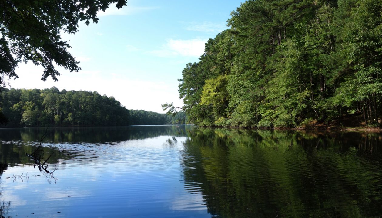 Uitzicht op Lake Johnson, een populair stadspark in Raleigh, NC