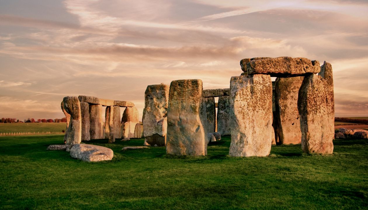 Close up view of Stonehenge monument. Sunset sky. United Kingdom.