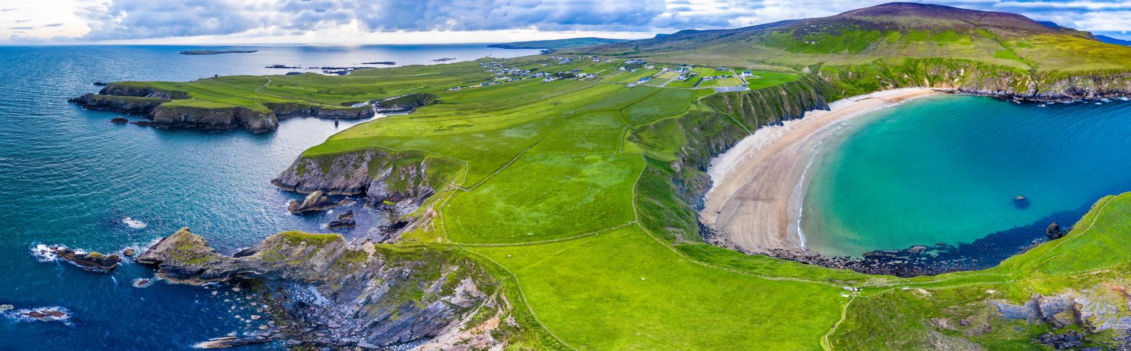 Aerial view of the beautiful coast at Malin Beg on the Wild Atlantic Way in County Donegal, Ireland.