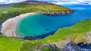 Aerial view of the beautiful coast at Malin Beg in County Donegal, Ireland.