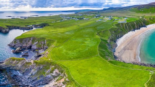 Aerial view of the beautiful coast at Malin Beg in County Donegal, Ireland.