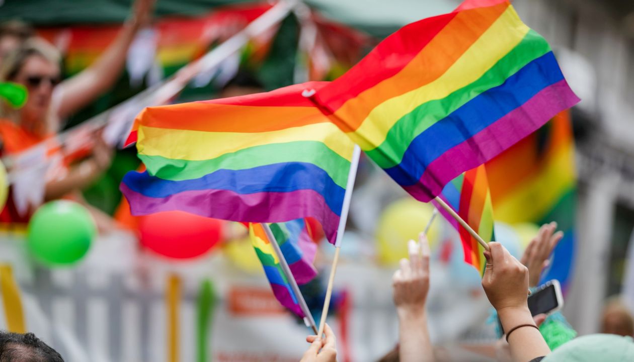 People wave LGBTQ gay pride flags at a solidarity march