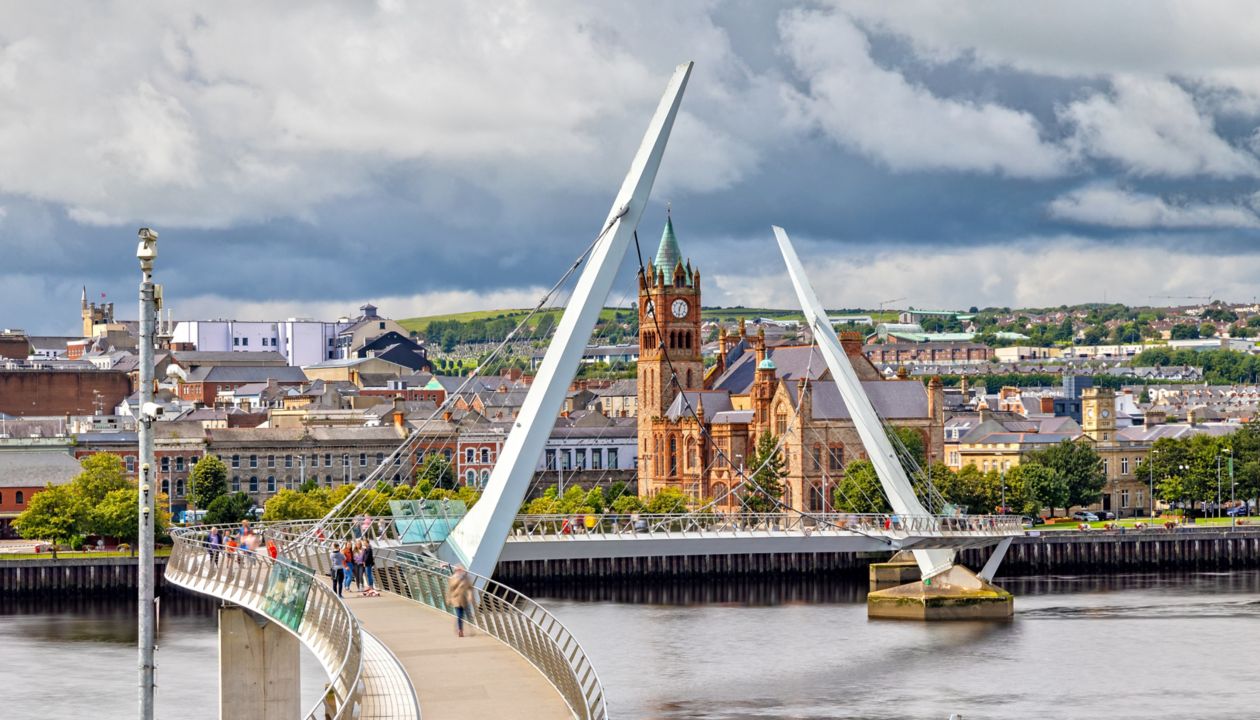 The Peace Bridge and Guild Hall in Londonderry / Derry in Northern Ireland