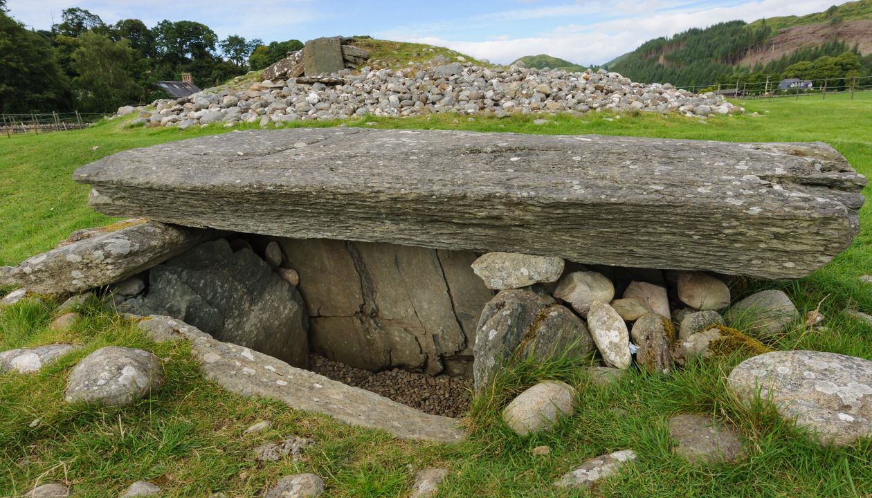 The ancient site of Temple Wood at Kilmartin Glen, Argyll, Scotland. In use since the Neolithic, or Stone Age from about 5,000 years ago.  The ring of standing stones around a cobbled area an inner marker stones surrounds a central cist or stone lined burial chamber.