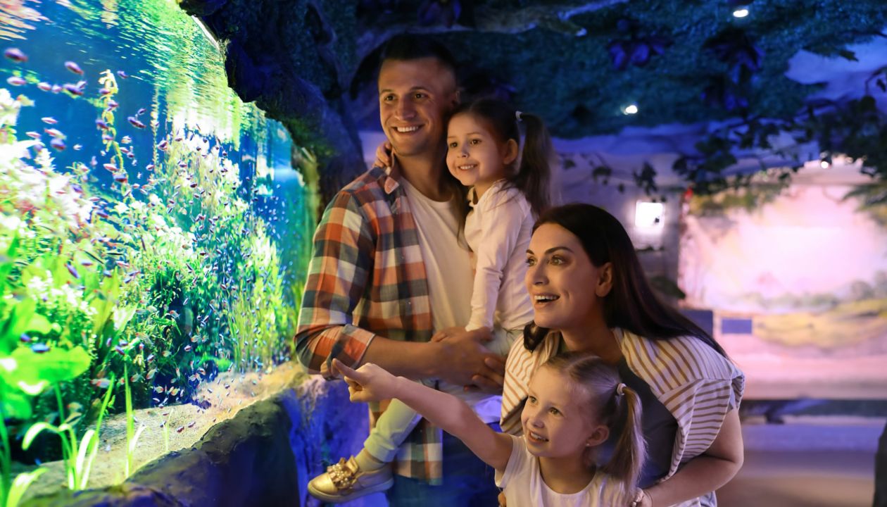 Familia sonriente cerca de una pecera en un acuario. Pasando tiempo juntos