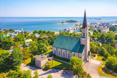 Seaside town of Hanko, Southern Finland. Baltic sea. High angle view of an old Finnish town. Traditional Scandinavian architecture. Finnish townscape at summer. Evangelical Lutheran Church. Cathedral