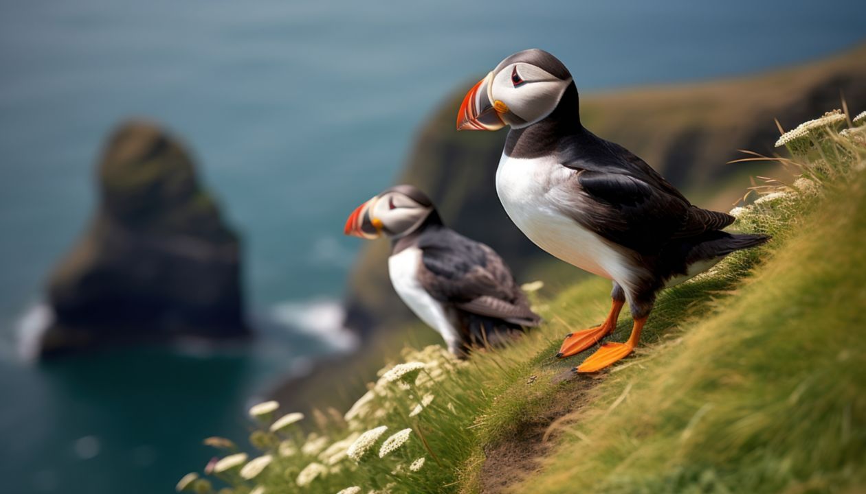 a pair of puffins sitting on a cliff together, great saltee island, ireland, europe