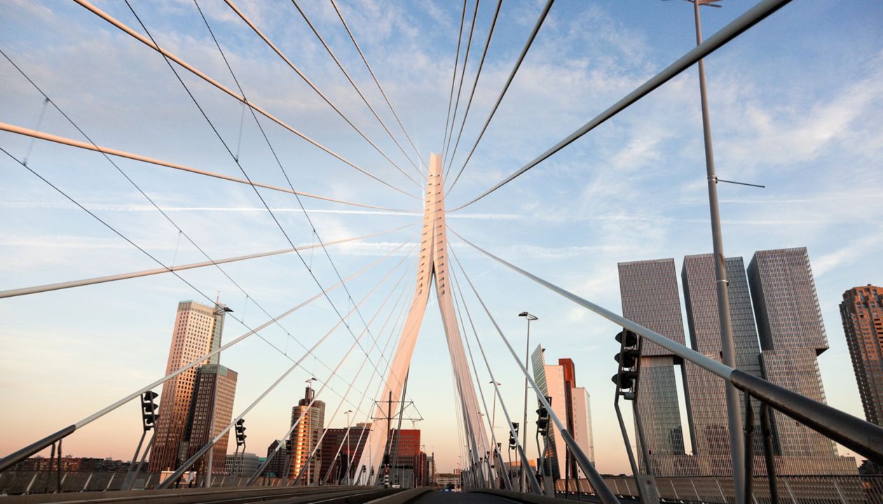 Driving on Erasmus Bridge. Rotterdam, South Holland, Netherlands.