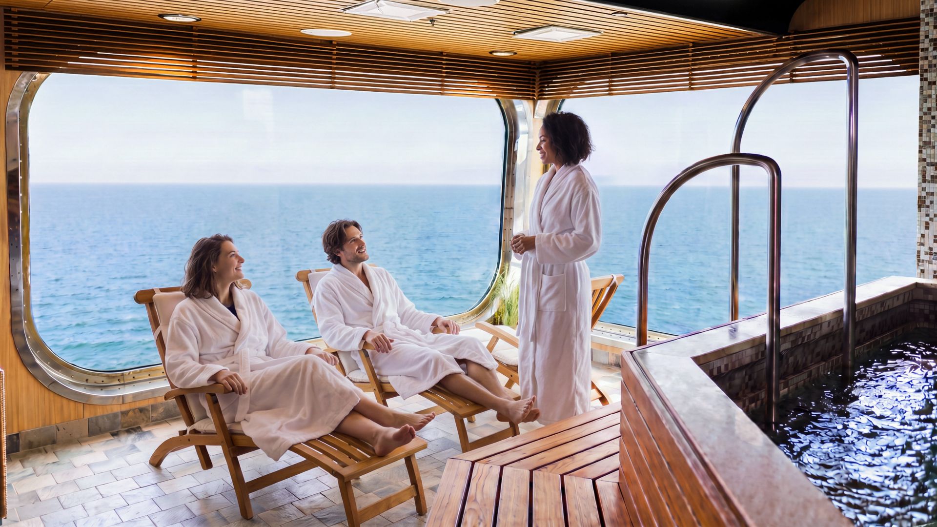 AI-modified image. Three adults in white bathrobes relax in a spa overlooking the ocean through a large panoramic window. Two people sit on wooden lounge chairs while another stands nearby, suggesting a calm conversation. The interior features warm wood panelling, tiled flooring, and a small pool or hot tub area. Soft natural light and the expansive sea view create a tranquil, luxurious atmosphere.