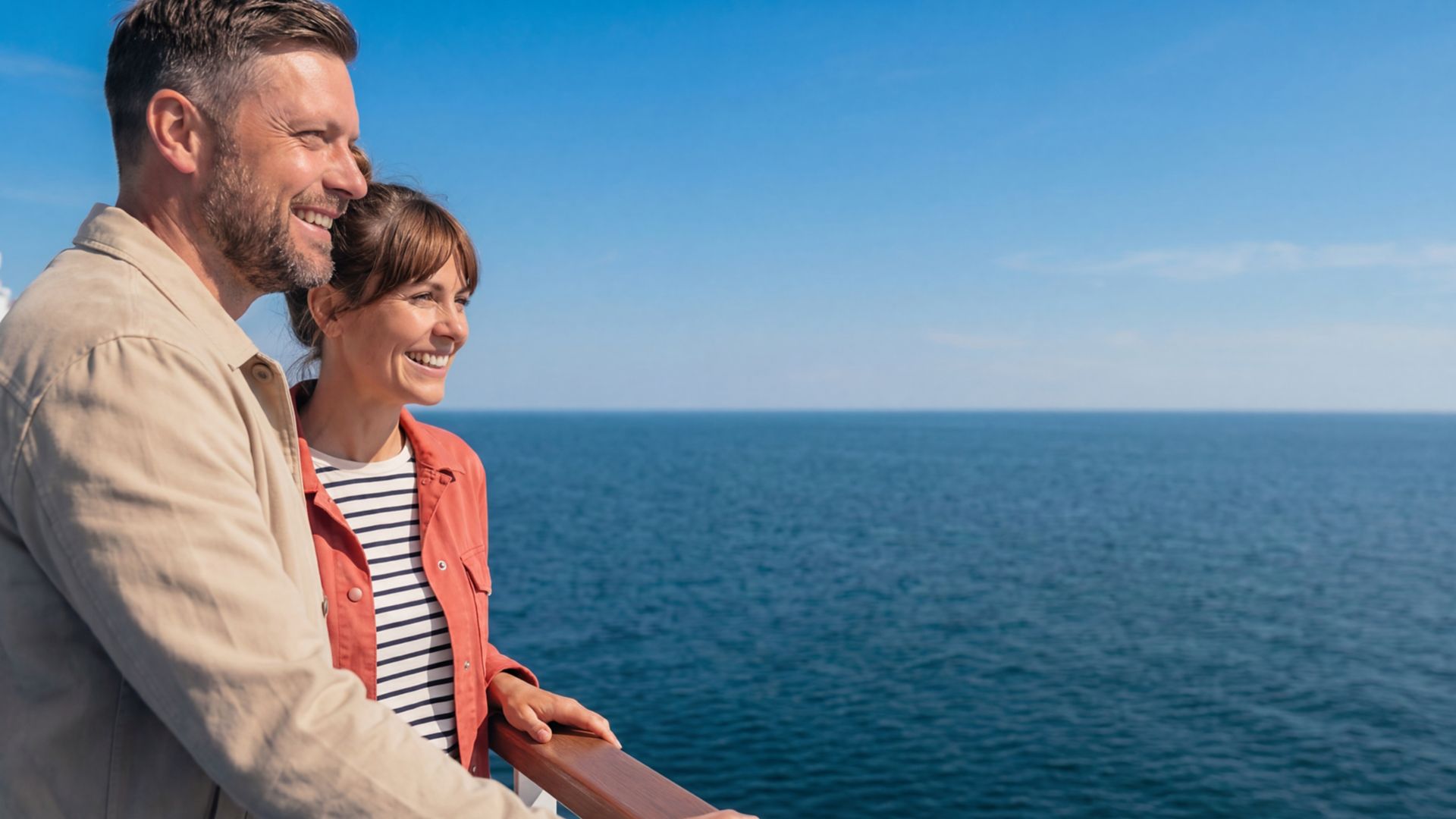 AI-generated image. A smiling couple stands together on the deck of a ship, looking out over a calm, expansive ocean. The man and woman lean on the railing, appearing relaxed and content in the bright daylight. Clear blue sky and open water stretch to the horizon, creating a serene and peaceful atmosphere. Their casual clothing and close posture suggest a leisurely cruise or vacation moment.