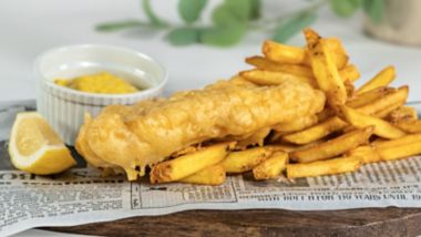 Fish and chips with tartare sauce and lemon