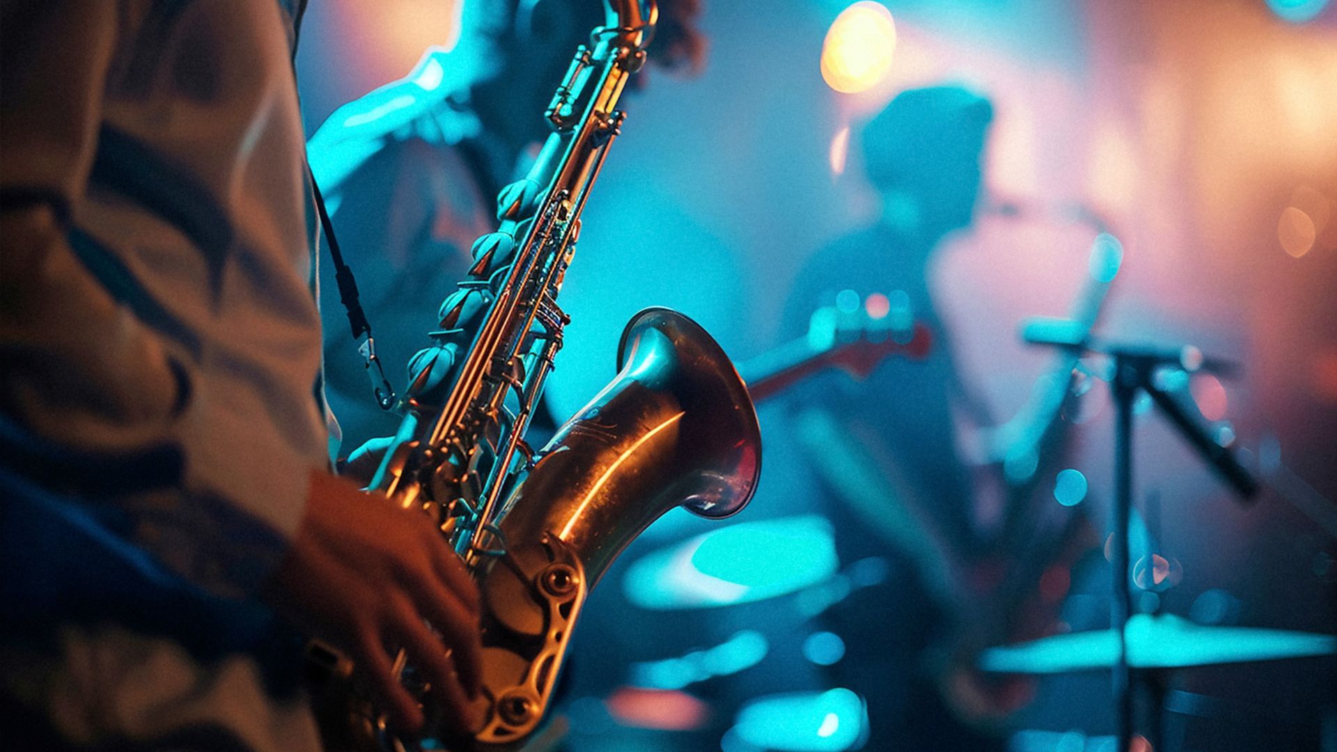 Saxophone player performing live jazz, warm stage lighting, vibrant onboard entertainment atmosphere