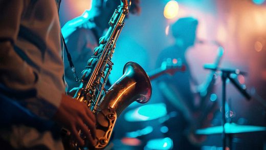 Saxophone player performing live jazz, warm stage lighting, vibrant onboard entertainment atmosphere