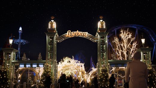 Entrance to Liseberg Theme Park in Gothenburg with Christmas lights on display