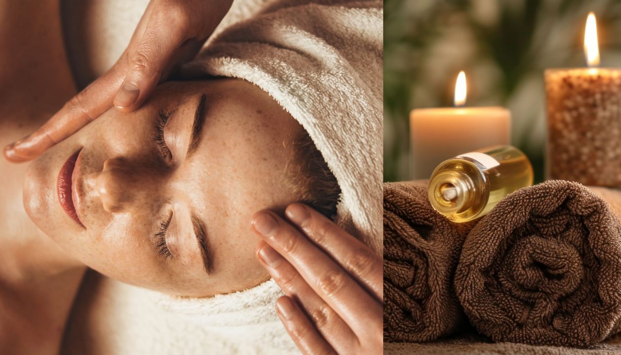 A person receives a relaxing massage while lying on a soft towel. On the right side, rolled brown towels are arranged beside a small glass bottle of oil. Lit candles create a warm, soothing glow in the background. The overall scene suggests a tranquil spa environment focused on wellness and self-care.
