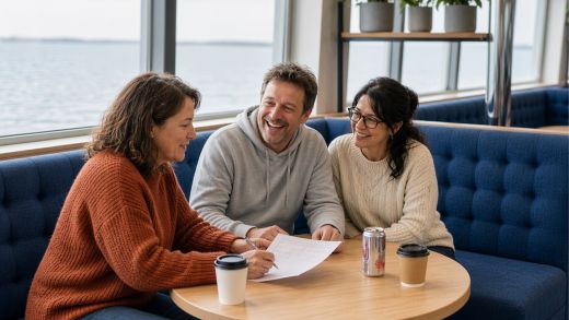 Created with Adobe Express. AI-generated. 2 women sit on either side of 1 man at a table holding coffees and a soft drink in a lounge on board a Stena Line ferry. One of the women is filling in a paper quiz answer sheet.