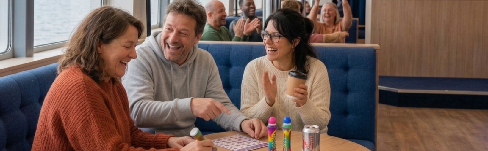 AI-generated image. 2 women sit on either side of 1 man at a table holding a soft drink and bingo dabbers in a lounge on board a Stena Line ferry. One of the women is filling in a bingo card.