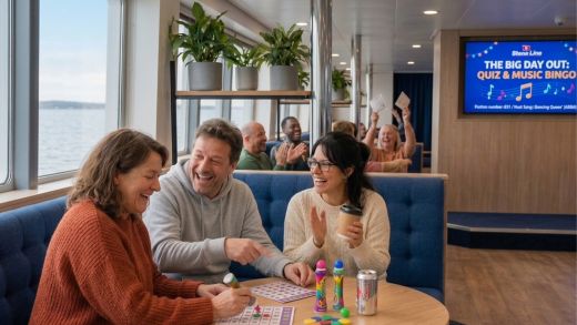 Created with Adobe Express. AI-generated. 2 women sit on either side of 1 man at a table holding a soft drink and bingo dabbers in a lounge on board a Stena Line ferry. One of the women is filling in a bingo card.