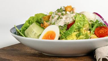 prawn salad with crisp leaves, egg and cherry tomatoes