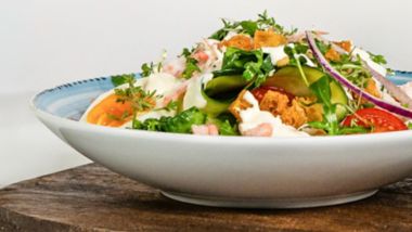 Scandinavian prawn salad with greens and herbs