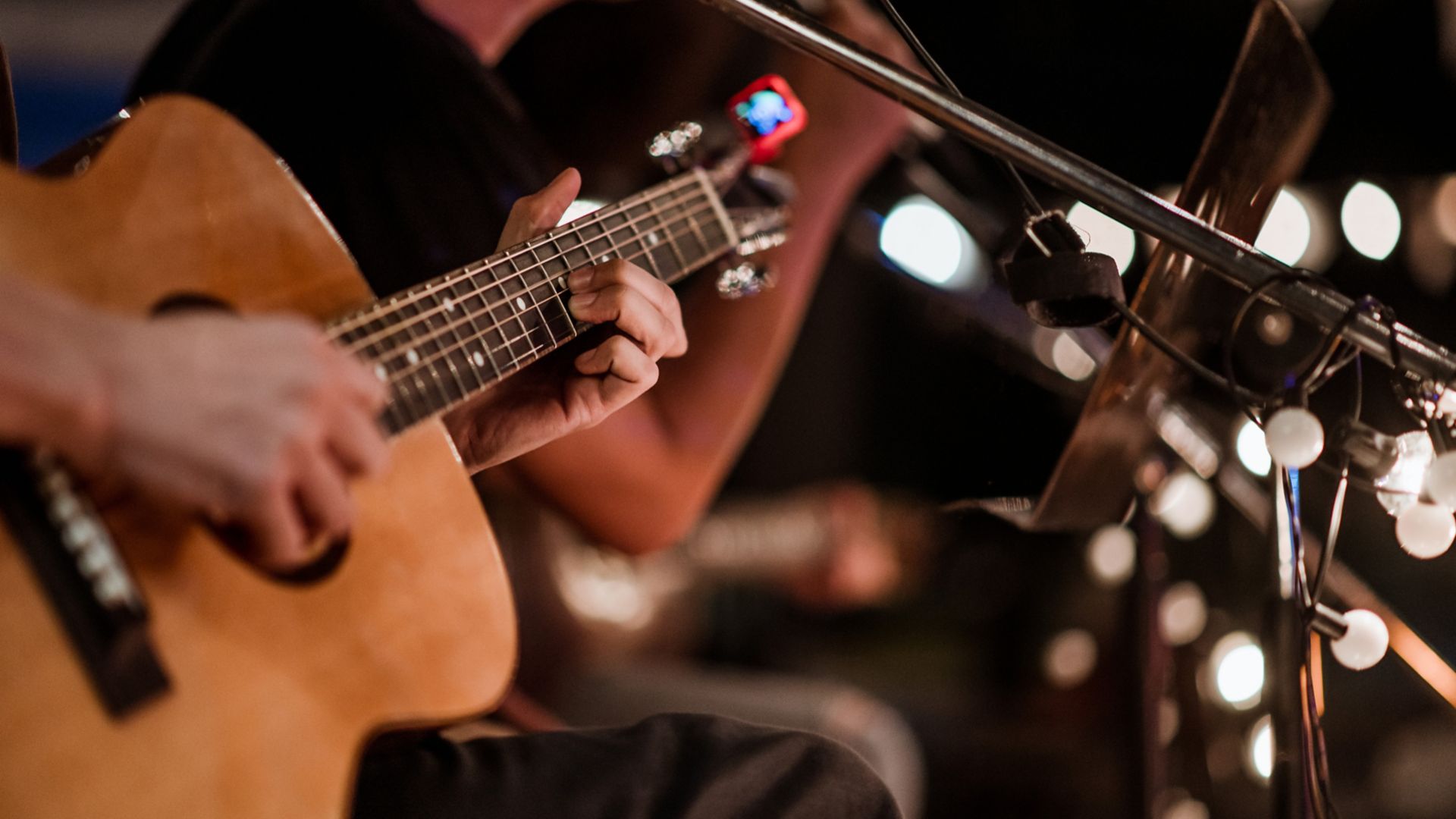 Close-up of live acoustic guitar performance during a lively Shanties-themed evening onboard a Stena Line ferry