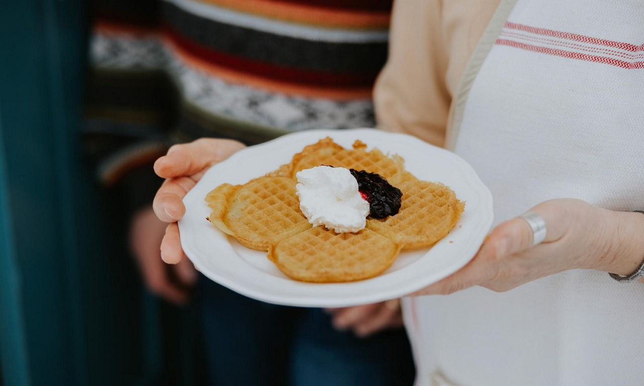 Waffle with jam and cream
