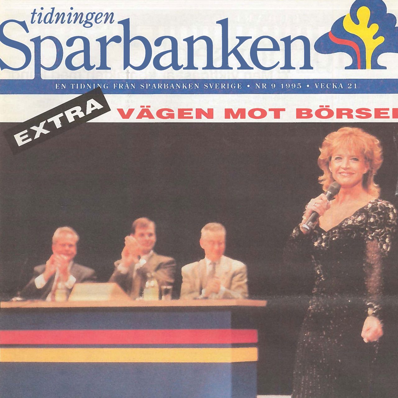 Framsidan av tidningen Sparbanken från 1995 - vägen mot börsen. Lill-Babs håller i en mickrofon och tre män sitter i bakgrunden och applåderar