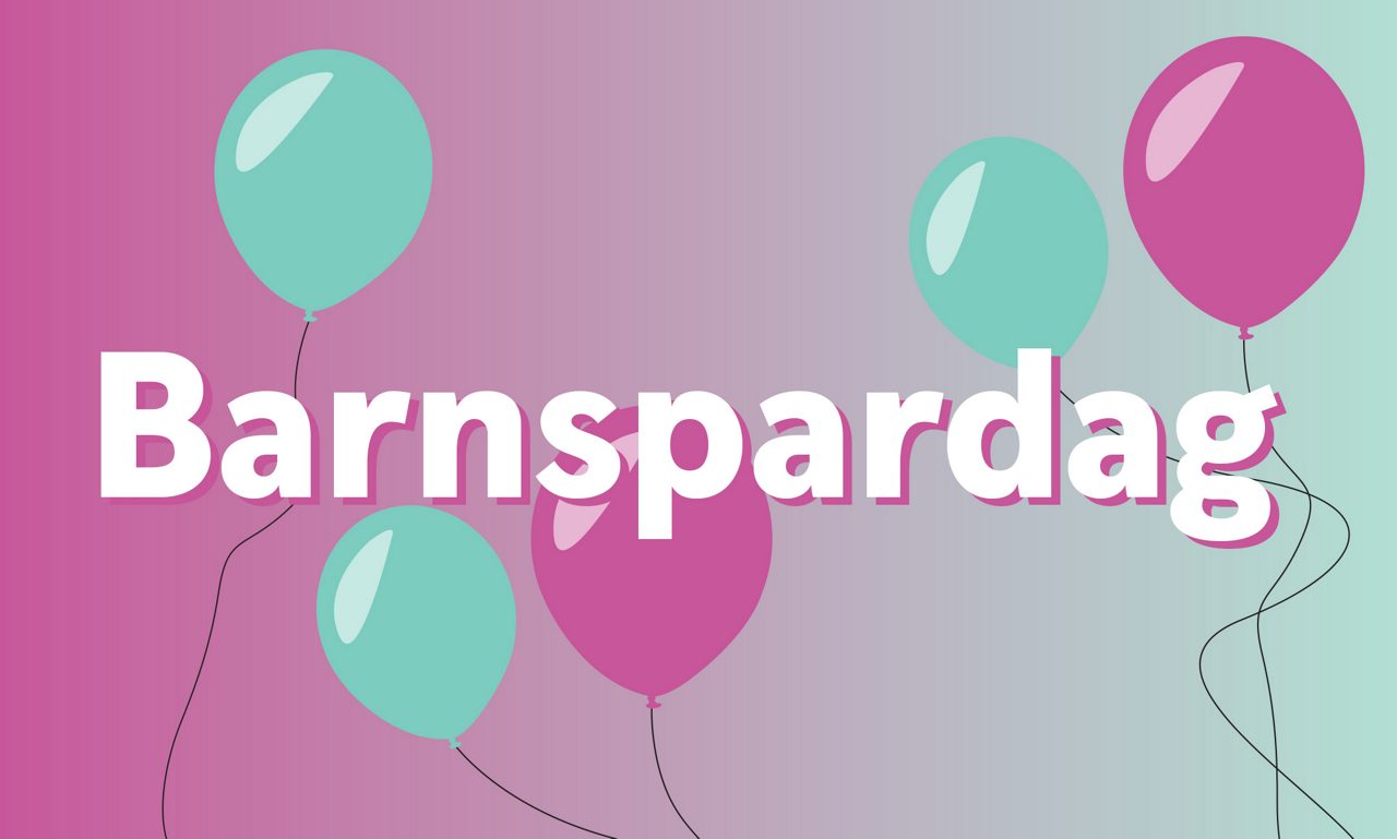 Blå och lila ballonger tillsammans med texten Barnspardag