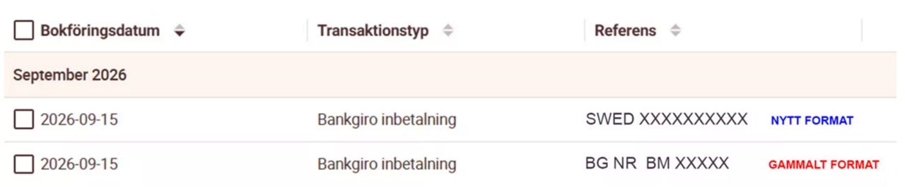 Exempel från internetbanken, gamla formatet respektive nya formatet.