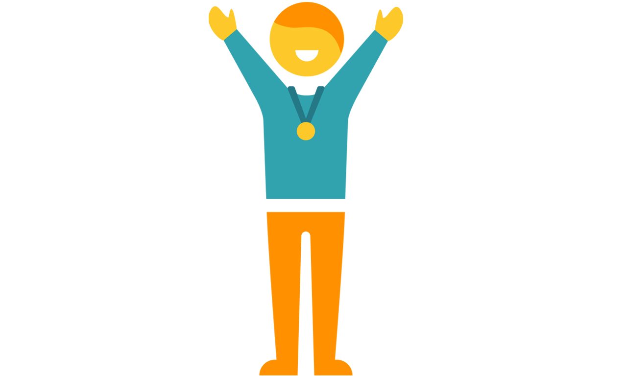 Illustration av en person som sträcker upp armarna och har en medalj runt halsen