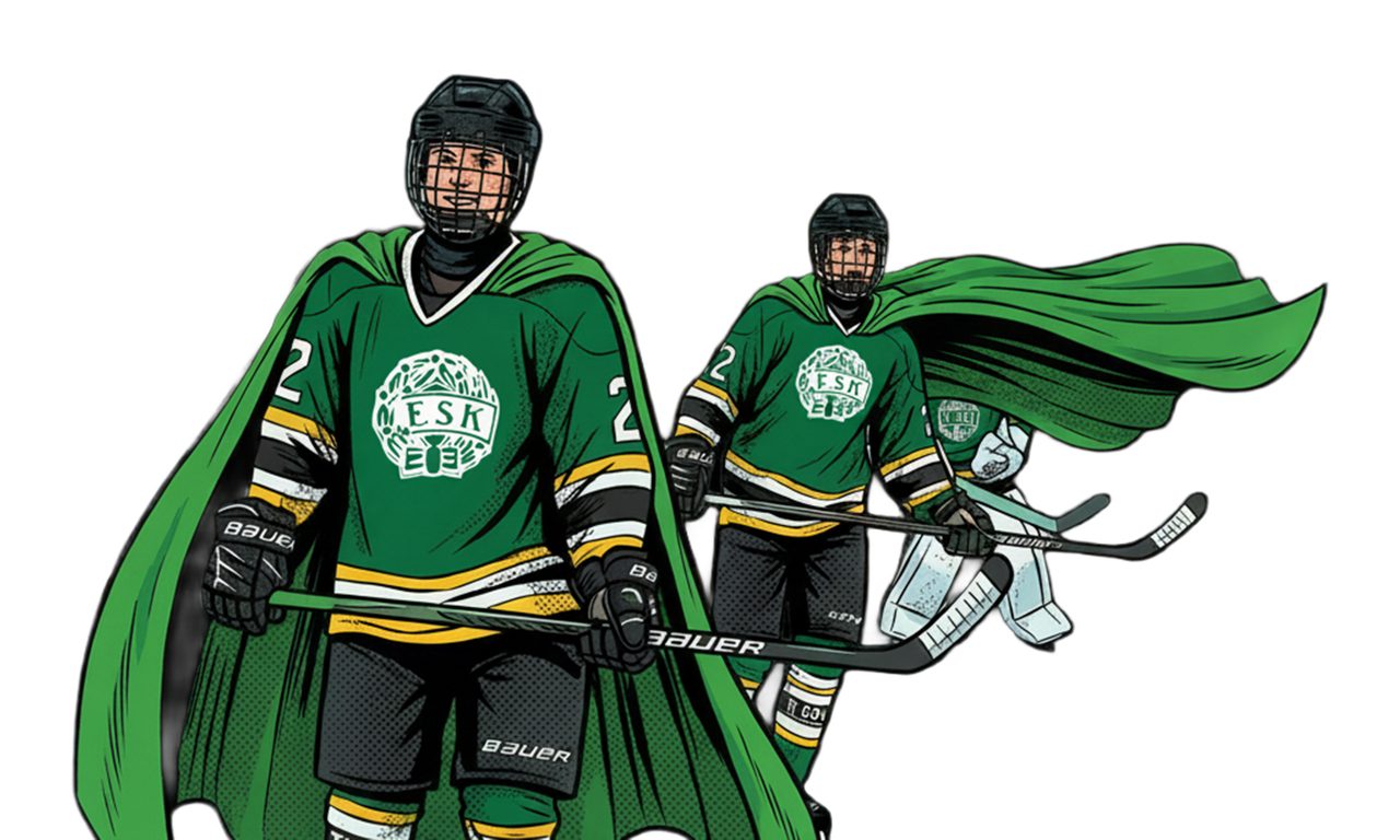 Illustration av två Hockeyspelare med ESKs logga och gröna mantlar